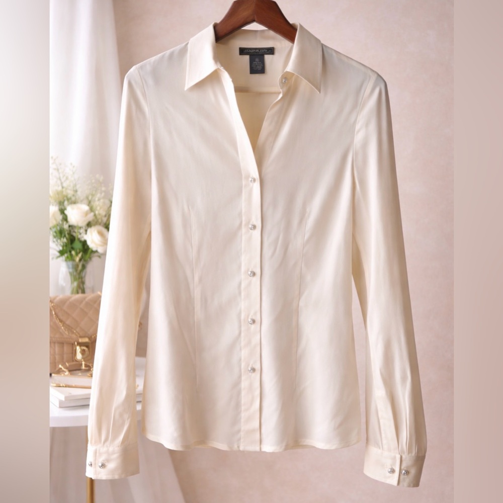 Harold’s 100% Silk Blouse Ivory Button Down Stretch Top Size 4 Work Office